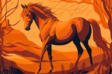 Horse With Flowing Mane in Orange Tones on a Countryside Background Stylised Illustration