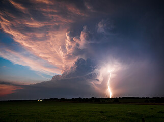 Beautiful and Amazing Supercell Thunderstorm at Sunset with Lightning Strike