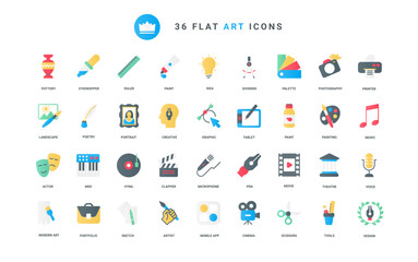 Trendy flat color icons set for art design. Abstract symbols of modern artists portfolio, education tools and graphic technology for creative photography, painting, music vector illustration
