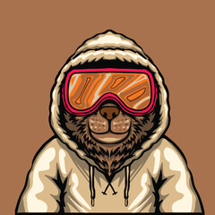 Bear mascot design of a snowboarder wearing a goggles.