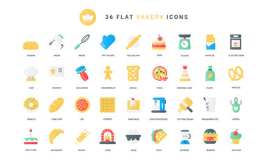 Trendy flat color icons for bakery food menu kitchen equipment, sweet cake and bread or loaf, pizza croissant, donut burger, chefs hat with apron, mixer with whisk vector illustration