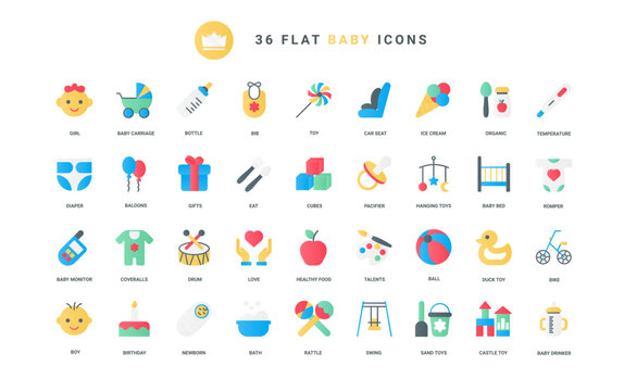 Trendy flat color icons set for baby accessories and toys. Car seat and stroller for child, bath and duck, organic healthy food, onesie romper clothes, and diaper vector illustration