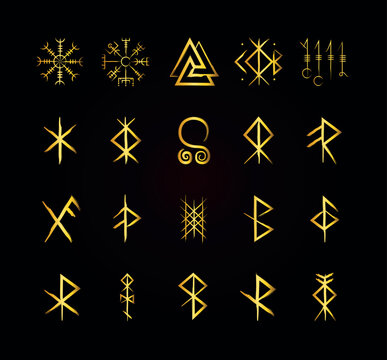 Viking runes and symbols collection.Hand drawn isolated set of