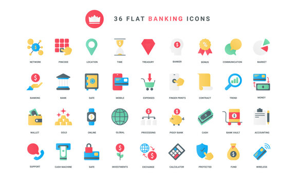 Trendy flat color icons for finance, bank accounting business analysis, including budget management, economy financial investment, expenses, banking protection, contract vector illustration