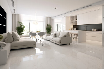Fototapeta premium Cozy luxury modern interior design of a studio apartment in extra white colors with fashionable expensive furniture in a minimalist style. white tiled floor, kitchen, relaxation area and workplace