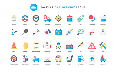 Car service trendy flat color icons set vector illustration, scheduled diagnostics of vehicle and auto repair tools, pictogram of automotive parts, automatic, manual transmission, wheel, tires.