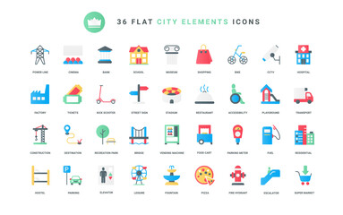 Office building and condo skyscrapers, stadium and restaurant, street signs and parking for transport, playground food court. City elements trendy flat icons set vector illustration