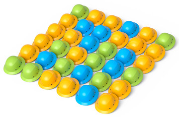 Set of safety helmets or hard caps for carpentry work in row on white background