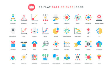 Fototapeta na wymiar AI brain, machine learning technology for prediction, transformation and data storage. Data analysis, neural network innovation and science trendy flat icons set vector illustration