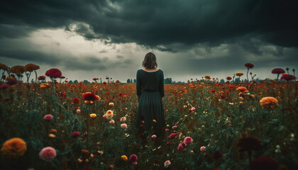 One woman standing in a meadow, enjoying nature beauty generated by AI