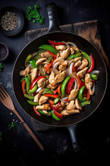 Chicken stir fry with vegetables in the skillet at black stone background. Top view wie. Copy space. AI. 6 - obrazy, fototapety, plakaty