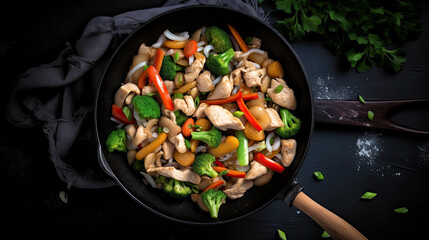 Chicken stir fry with vegetables in the skillet at black stone background. Top view wie. Copy space. AI. 3 - obrazy, fototapety, plakaty