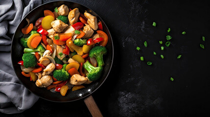 Chicken stir fry with vegetables in the skillet at black stone background. Top view wie. Copy space. AI. (1)