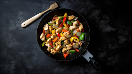 Chicken stir fry with vegetables in the skillet at black stone background. Top view wie. Copy space. AI. 2 - obrazy, fototapety, plakaty