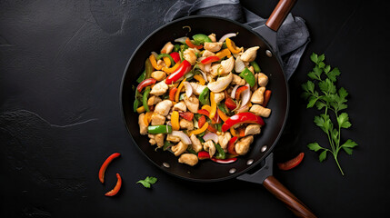 Chicken stir fry with vegetables in the skillet at black stone background. Top view wie. Copy space. AI. 4 - obrazy, fototapety, plakaty