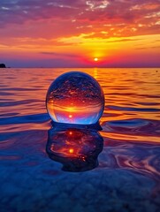 A glass ball on the ocean in the water against the background of water and a beautiful, romantic sunset that is reflected in the glass ball itself. Generative AI.