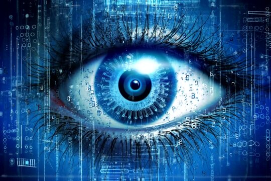 Abstract blue light explosion that expands in space forming a human eye. Concept of technological vision or artificial intelligence control.
