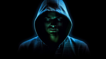 Hacker with a hoodie on a black background made with AI generative technology