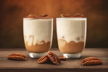 Illustration of two cups of coffee topped with whipped cream and pecans