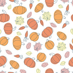 Seamless pattern of pumpkins and autumn leaves. Autumn. Vegetable print. A pattern of simple elements. Vector illustration.