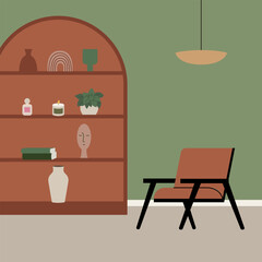 Interior design and furniture in modern minimal style.Vector flat illustration of living room with chair, lamp and shelves with various decor.