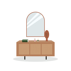 Cabinet with mirror and home decor. Vector flat illustration on isolated background. Scandinavian style interior furniture and decor
