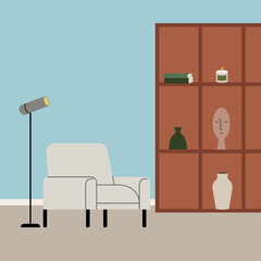 Vector flat illustration of living room with armchair, lamp and shelves with various decor. Interior design and furniture in scandinavian minimal style