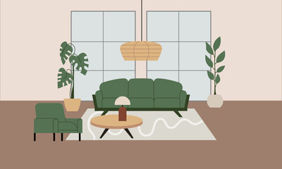 Modern living room with sofa, table, carpet, plants and other decor. Vector flat illustration of interior design and furniture