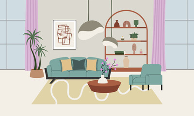Modern living room with sofa, table, carpet, plants and other decor. Vector flat illustration of interior design and furniture