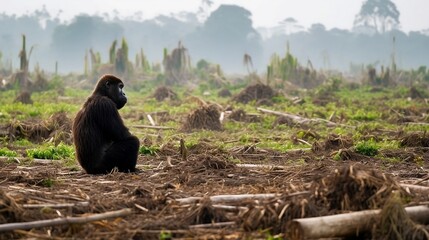 A sad gorilla looks at her ruined forest that people have cut down. Ecological catastrophe. Deforestation. Generative AI.