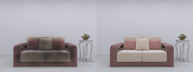 sofa before and after cleaning 3d render, 3d illustration
