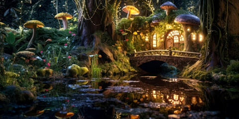 Miniature fairy house on water pond, night, resin decor, miniature model making, wide. Generative AI