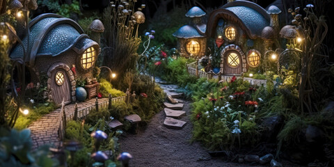 Fototapeta premium Miniature fairy houses, night, resin decor, miniature model making, wide. Generative AI