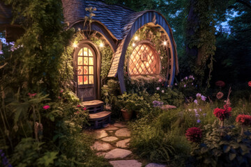 Miniature fairy house, night, resin decor, miniature model making. Generative AI