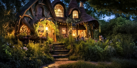 Miniature fairy house, night, resin decor, miniature model making, wide. Generative AI