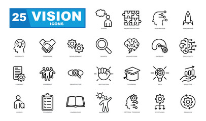 Obraz na płótnie Canvas A set of vector graphics on the theme of vision, innovation, showcasing various elements such as lightbulbs, gears, circuit boards, and futuristic technology. Perfect for a website or infographic