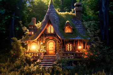 Fototapeta premium Miniature fairy house, night, resin decor, miniature model making. Generative AI