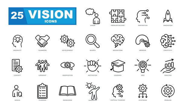 A set of vector graphics on the theme of vision, innovation, showcasing various elements such as lightbulbs, gears, circuit boards, and futuristic technology. Perfect for a website or infographic