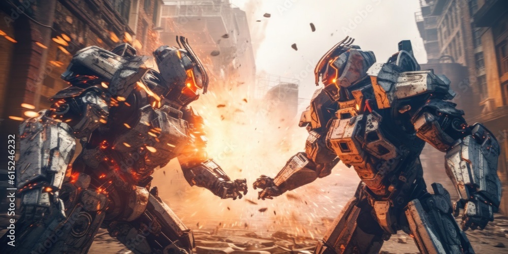 Poster a couple of robots fighting in a city. generative ai image.