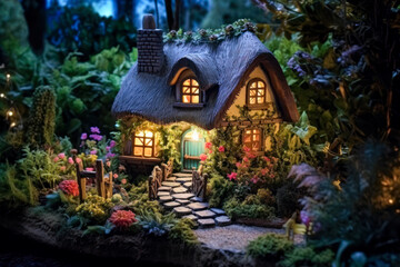 Miniature fairy house, night, resin decor, miniature model making. Generative AI