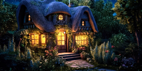 Obraz premium Miniature fairy house, night, resin decor, miniature model making, wide. Generative AI