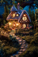 Fototapeta premium Miniature fairy house, night, resin decor, miniature model making, vertical. Generative AI