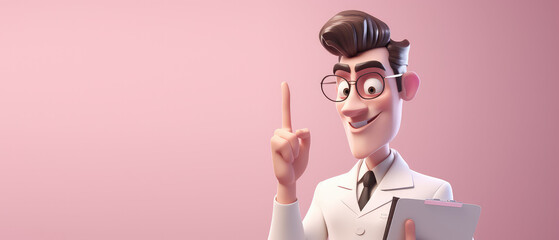 Young happy doctor in a white coat on a flat background with copy space for text.  Creative cartoon character doctor man, medical banner template. Generative AI 3d render illustration imitation. - obrazy, fototapety, plakaty
