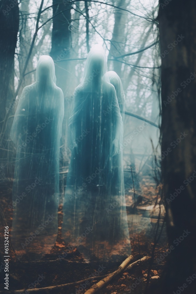 Poster three ghostly figures standing in the woods. generative ai image.