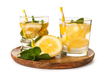 Glasses of infused water with lemon and mint on white background