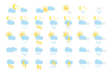 Obraz premium Realistic 3d design set of weather forecast elements, icon symbol, meteorology. Decorative 3d Sun, Moon, rain, cloud, star, snow, wind, lightning. Vector illustration isolated on a white background