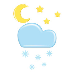 Obraz premium Realistic 3d design of weather forecast elements, icon symbol, meteorology. Decorative 3d golden Moon, star and blue cloud, snow. Cartoon vector illustration isolated on a white background