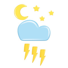 Realistic 3d design of weather forecast elements, icon symbol, meteorology. Decorative cute 3d golden Moon, star, lightning and blue cloud. Cartoon vector illustration isolated on a white background
