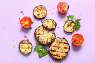 Delicious grilled eggplants, tomatoes, parsley and spices on lilac background, top view