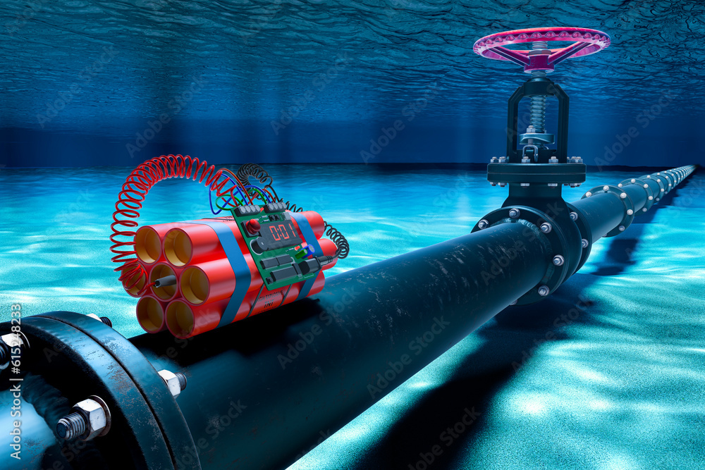 Aufkleber pipeline lying with bomb on ocean bottom underwater. 3d rendering